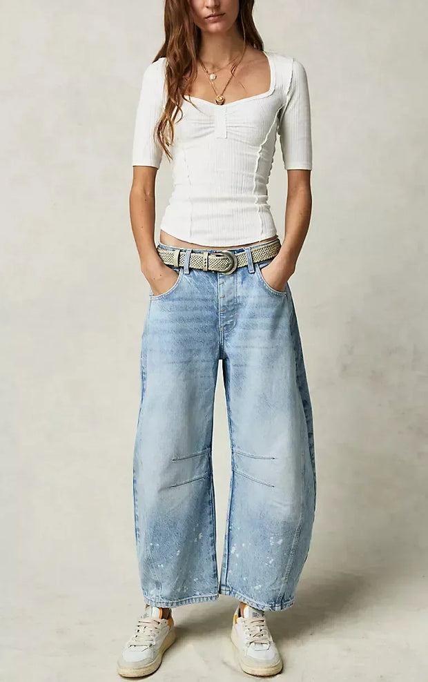 Women Jeans Denim pant Wide Leg Pants Ankle Length Washing Pockets Mid Waist Distressed Spliced High Street Solid Loose Fit 2025