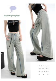 Casual High Waist Womens Jeans Wide Leg Pants Vintage American Blue Denim Comfortable Straight Long Trousers