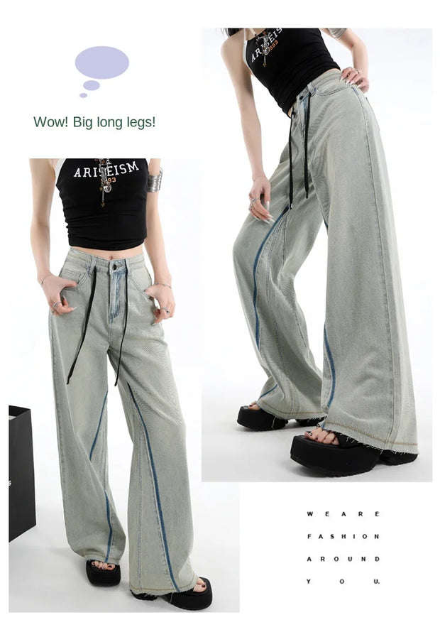 Casual High Waist Womens Jeans Wide Leg Pants Vintage American Blue Denim Comfortable Straight Long Trousers
