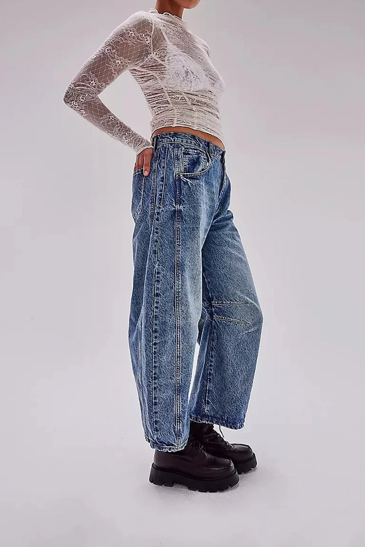 Women Jeans Denim pant Wide Leg Pants Ankle Length Washing Pockets Mid Waist Distressed Spliced High Street Solid Loose Fit 2025
