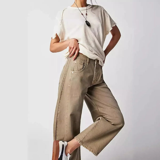 Women Jeans Denim pant Wide Leg Pants Ankle Length Washing Pockets Mid Waist Distressed Spliced High Street Solid Loose Fit 2025