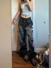 Denim Pant Women Jeans Wide Leg Long Pants Hole High Waist Straight Trousers Y2k Streetwear Print Mom Jeans Casual Loose 2025