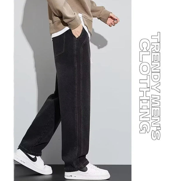 Men Loose Casual Jeans Male Fashion Brand Straight Wide Leg Baggy Denim Trousers High Waist Comfortable Solid Color Long Pants