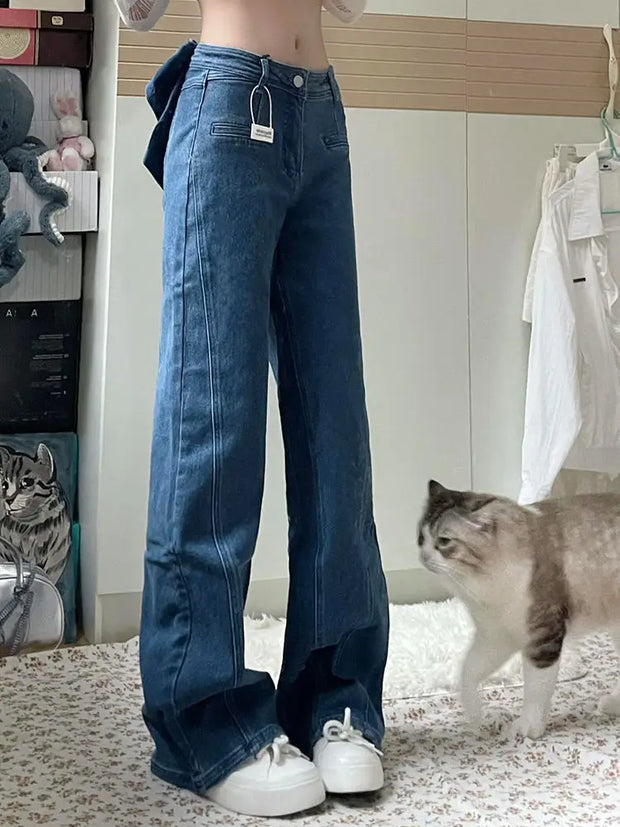 Denim Pant Jeans Women Wide Leg Long Pants High Waist Bow Straight Trousers Y2k Streetwear Casual Party Elegant Work Mom 2025
