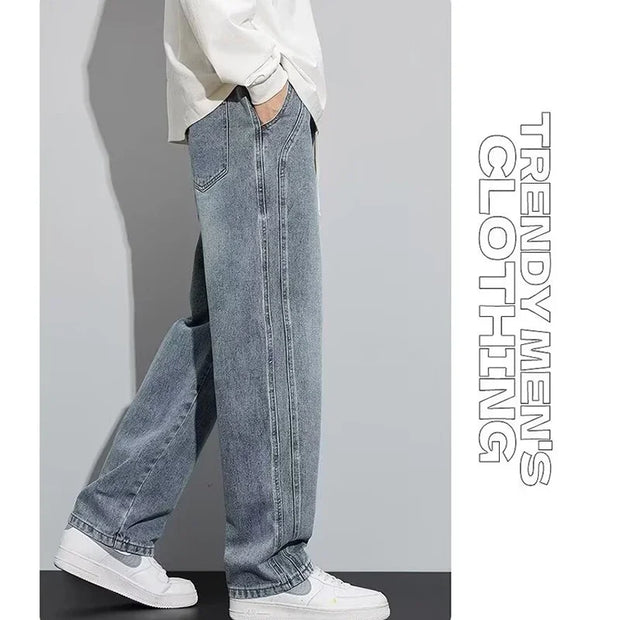 Men Loose Casual Jeans Male Fashion Brand Straight Wide Leg Baggy Denim Trousers High Waist Comfortable Solid Color Long Pants