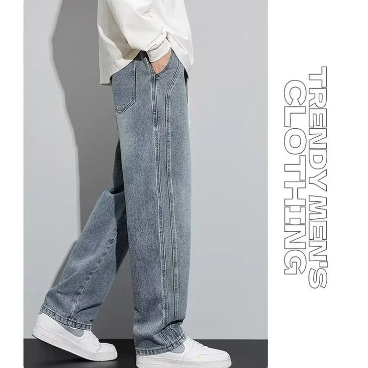 Men Loose Casual Jeans Male Fashion Brand Straight Wide Leg Baggy Denim Trousers High Waist Comfortable Solid Color Long Pants